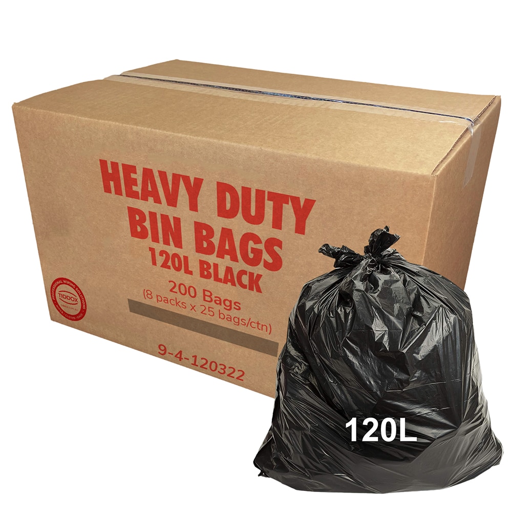 A carboard box with red writing advertising 120L bin liners