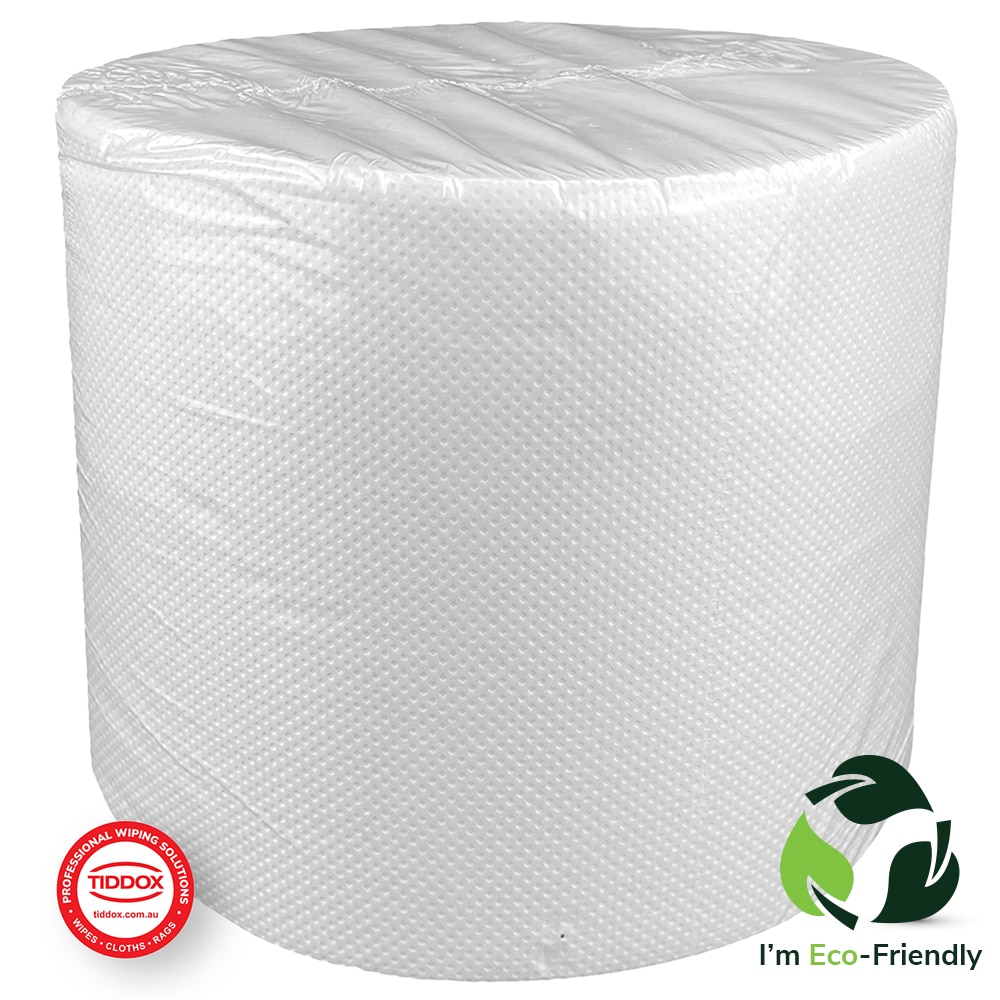 A plastic wrapped white centrefeed paper towel rolls