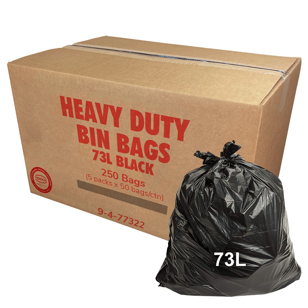 A carboard with red writing says "Extra Heavy Duty Bin Liners" and a black bin liner at the bottom right corner with a 73L