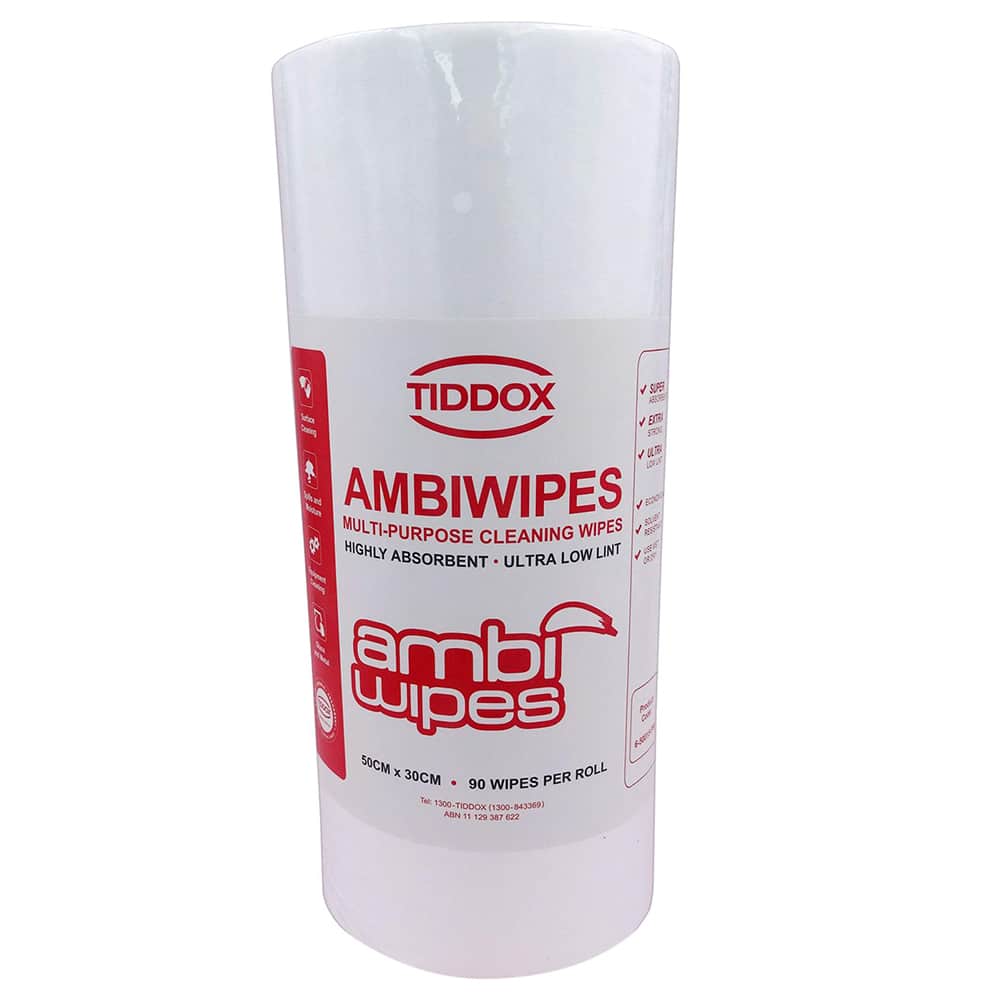 Vertical presentation of a white disposable dry wipes roll of AmbiWipes enclosed in transparent plastic packaging, distinguished by red text.