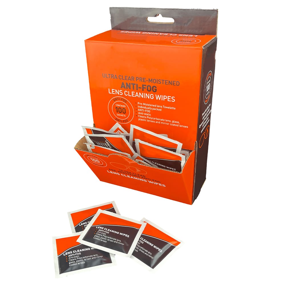 Open-front box with packaging in orange and black, holding anti-fog lens wipes, against a white background.