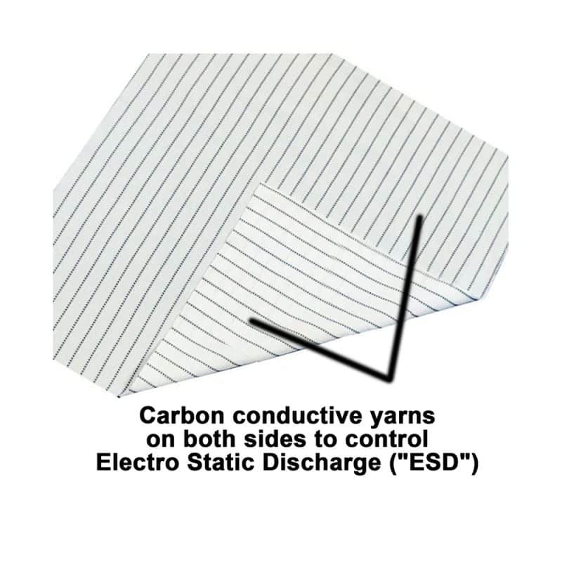 White cloth with black stripes, that prevents static build up on a plain background