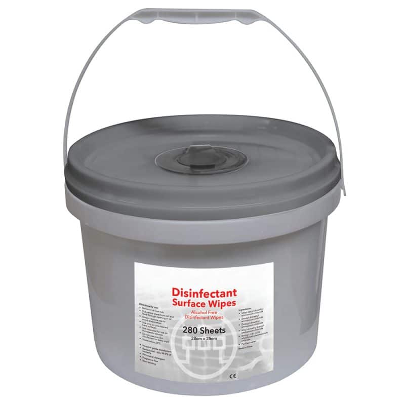 Grey bucket dispenser of antibac wipes labelled disinfectant wipes with a white label that has black writing, with a vertical handle on a white background