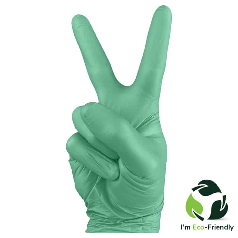 Green biodegradable nitrile gloves on a hand showing a peace sign on a white background