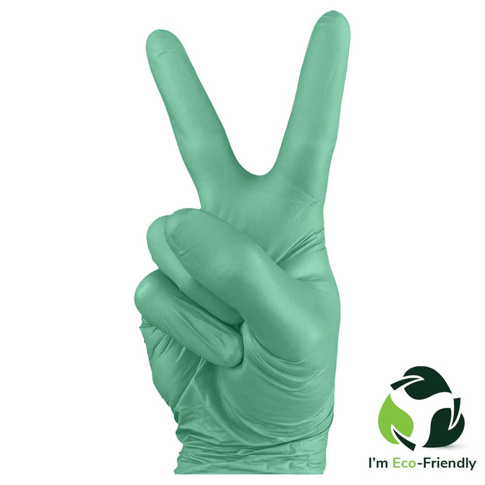 Green biodegradable nitrile gloves on a hand showing a peace sign on a white background