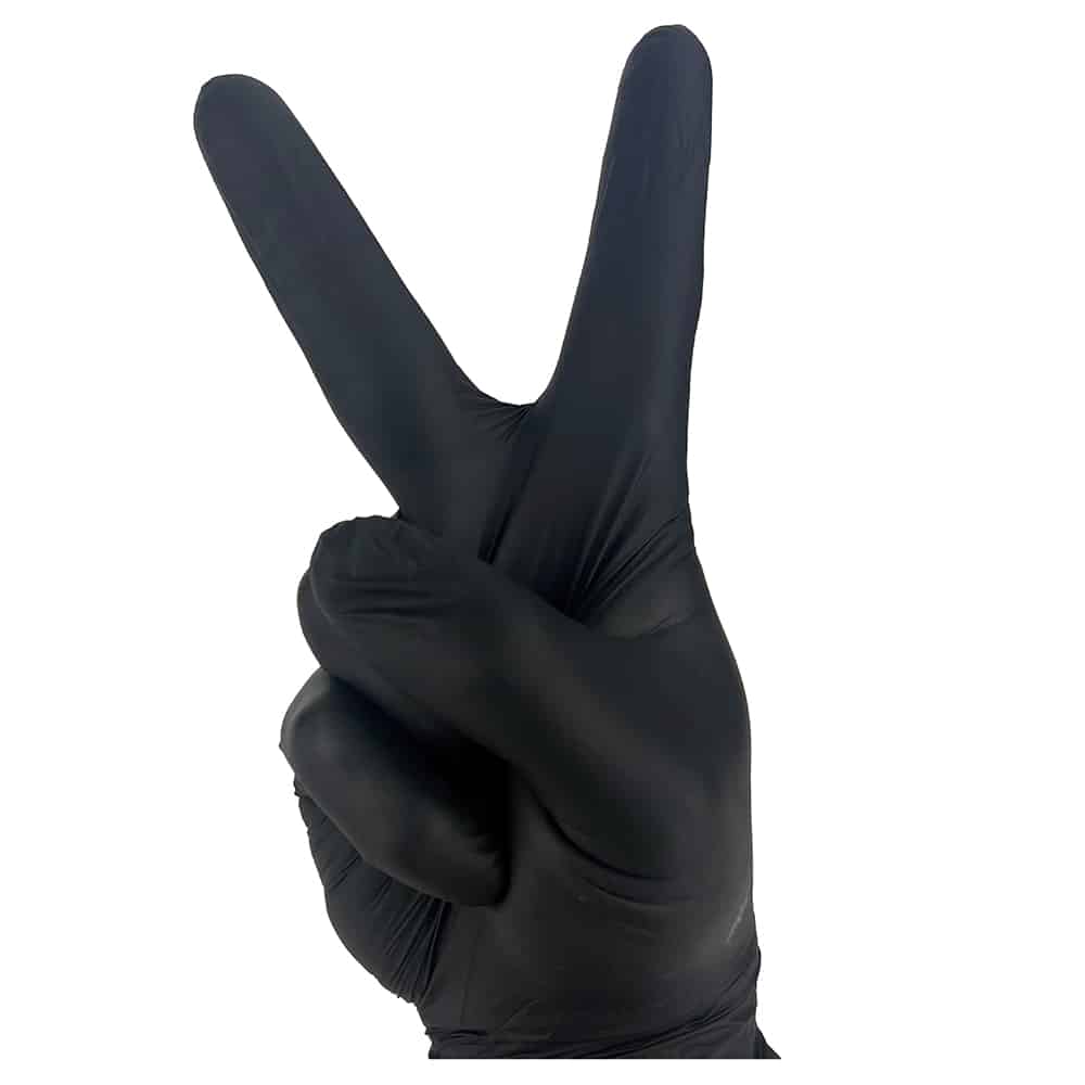 A peace sign made by a hand in black nitrile gloves heavy duty