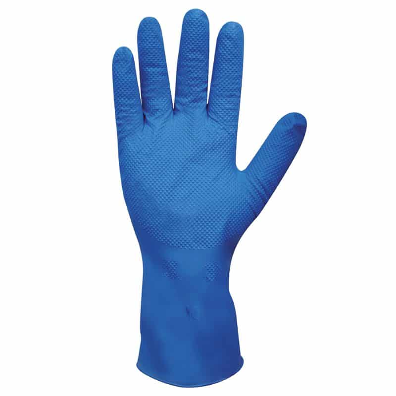 Blue long cuff nitrile gloves on a plain background