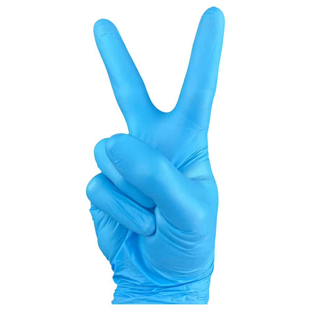 Hand in blue nitrile gloves making a peace sign on a white background