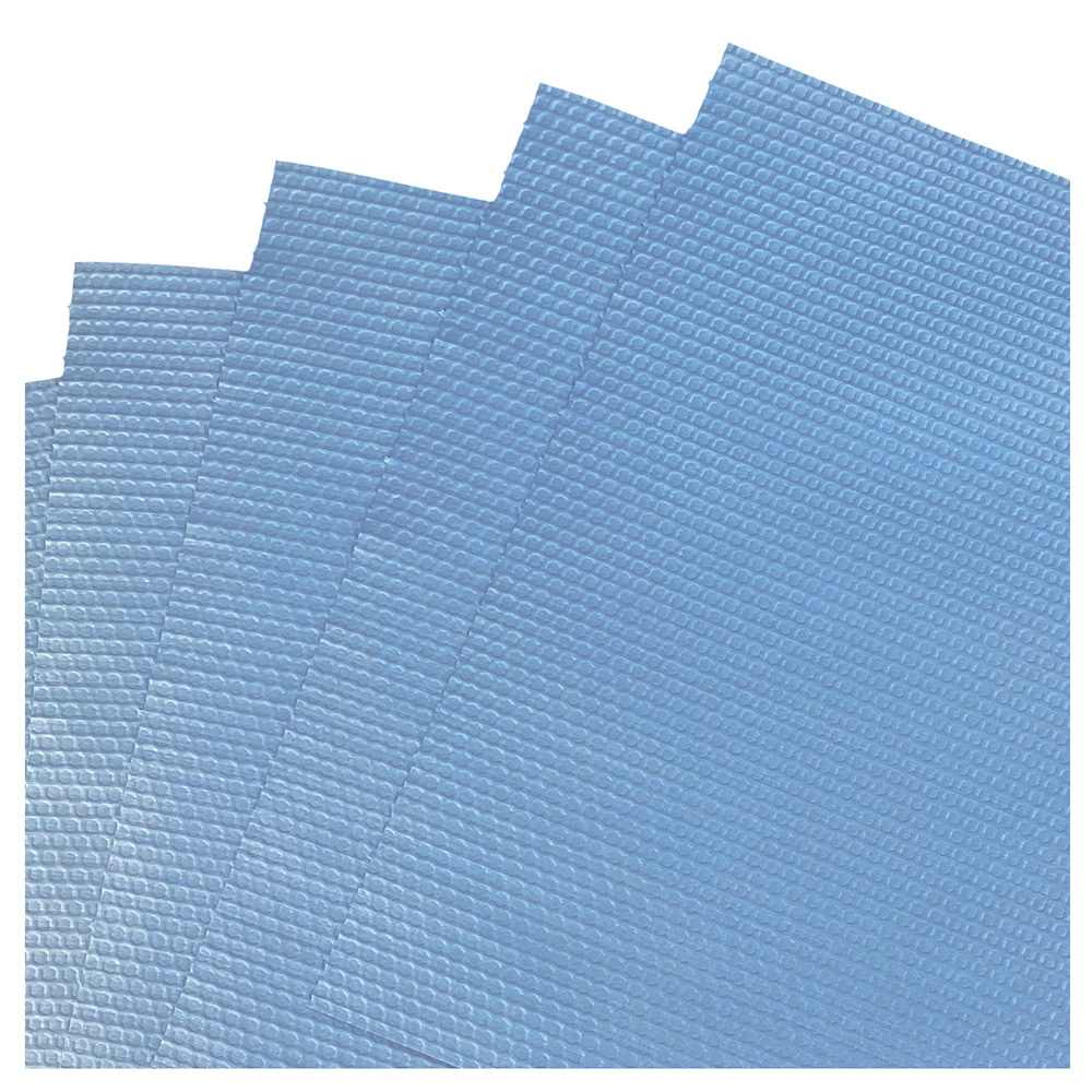 Detailed view of fanned out of the TIDDOX blue roll of polypropylene cellulose wipes with a textured pattern
