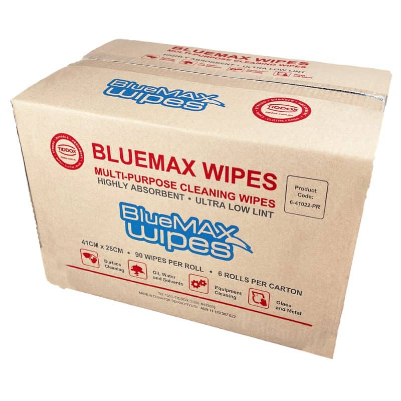 Closed cardboard box with bold red and blue wring on a plain white background