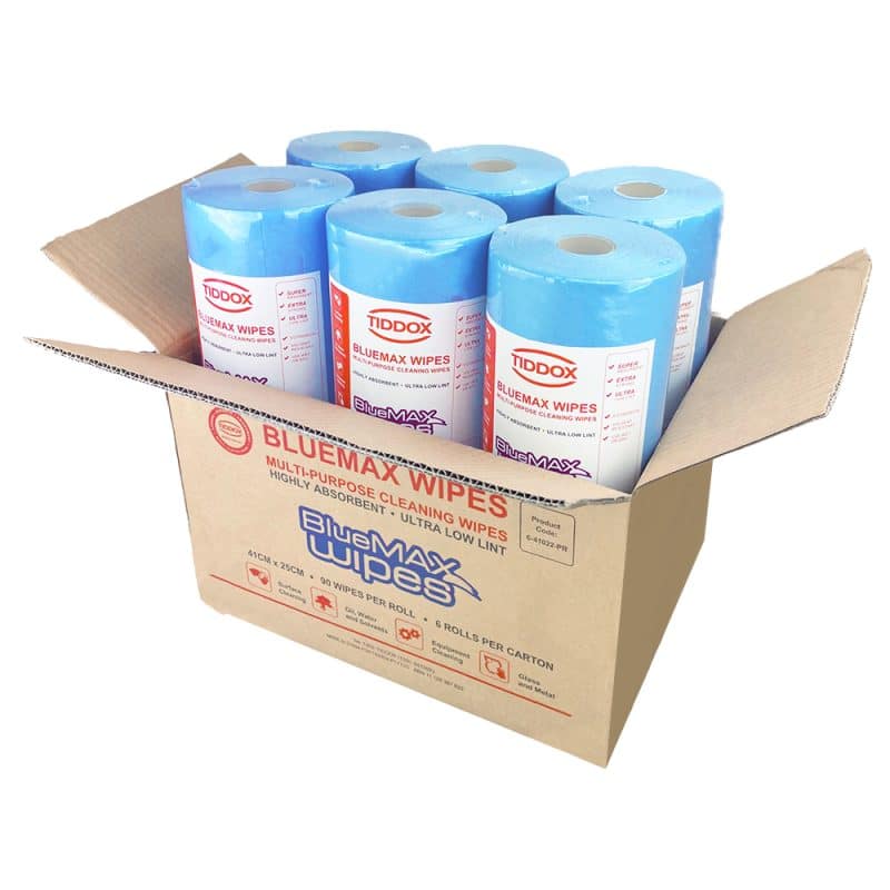 Cardboard box with red writing open with six vertically stacked all purpose wipes roll in it