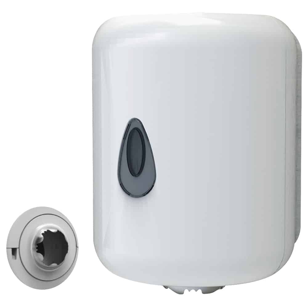 TIDDOX white wall mounted centrefeed roll dispenser with centrefeed attachment on the left