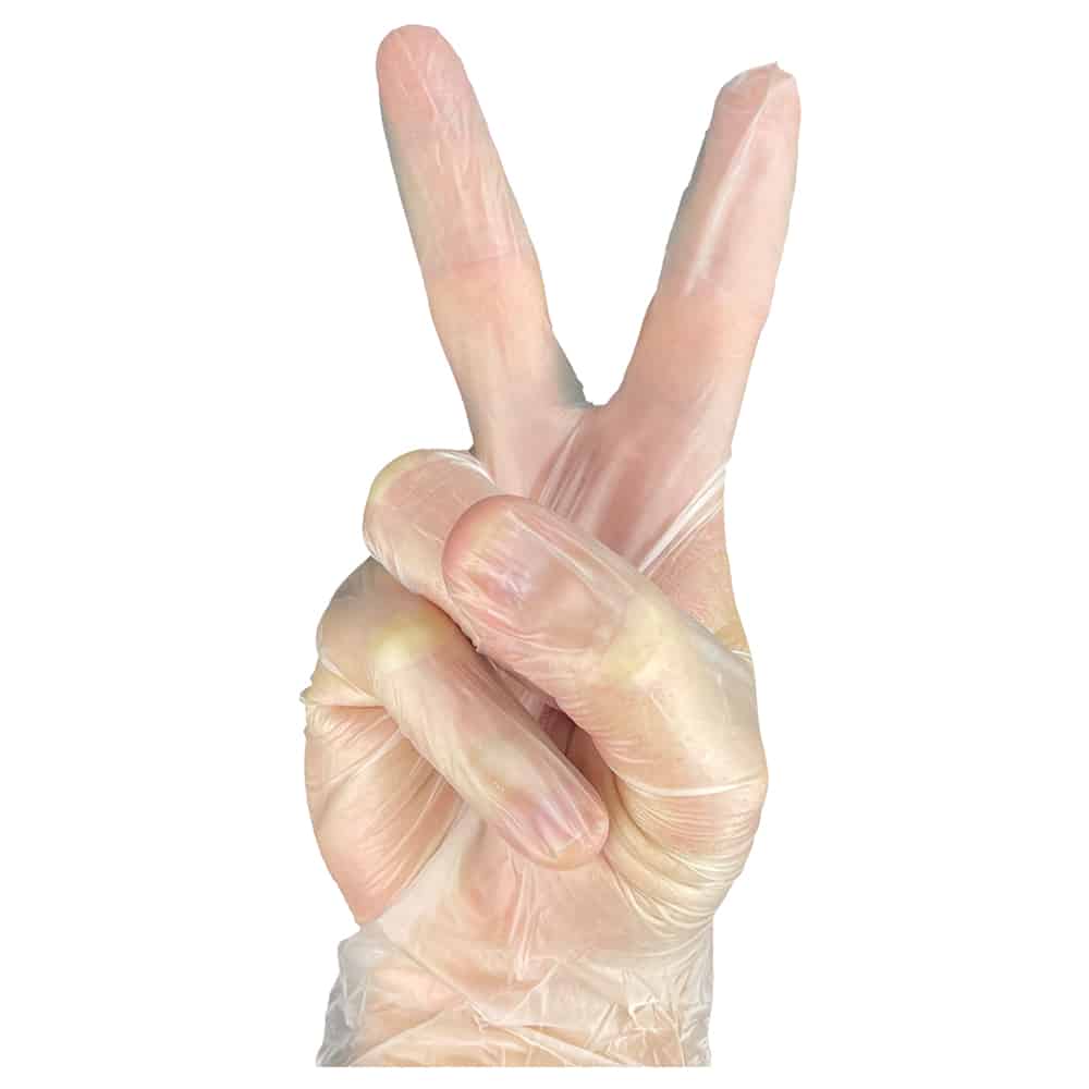A hand in clear vinyl gloves showing a peace sign