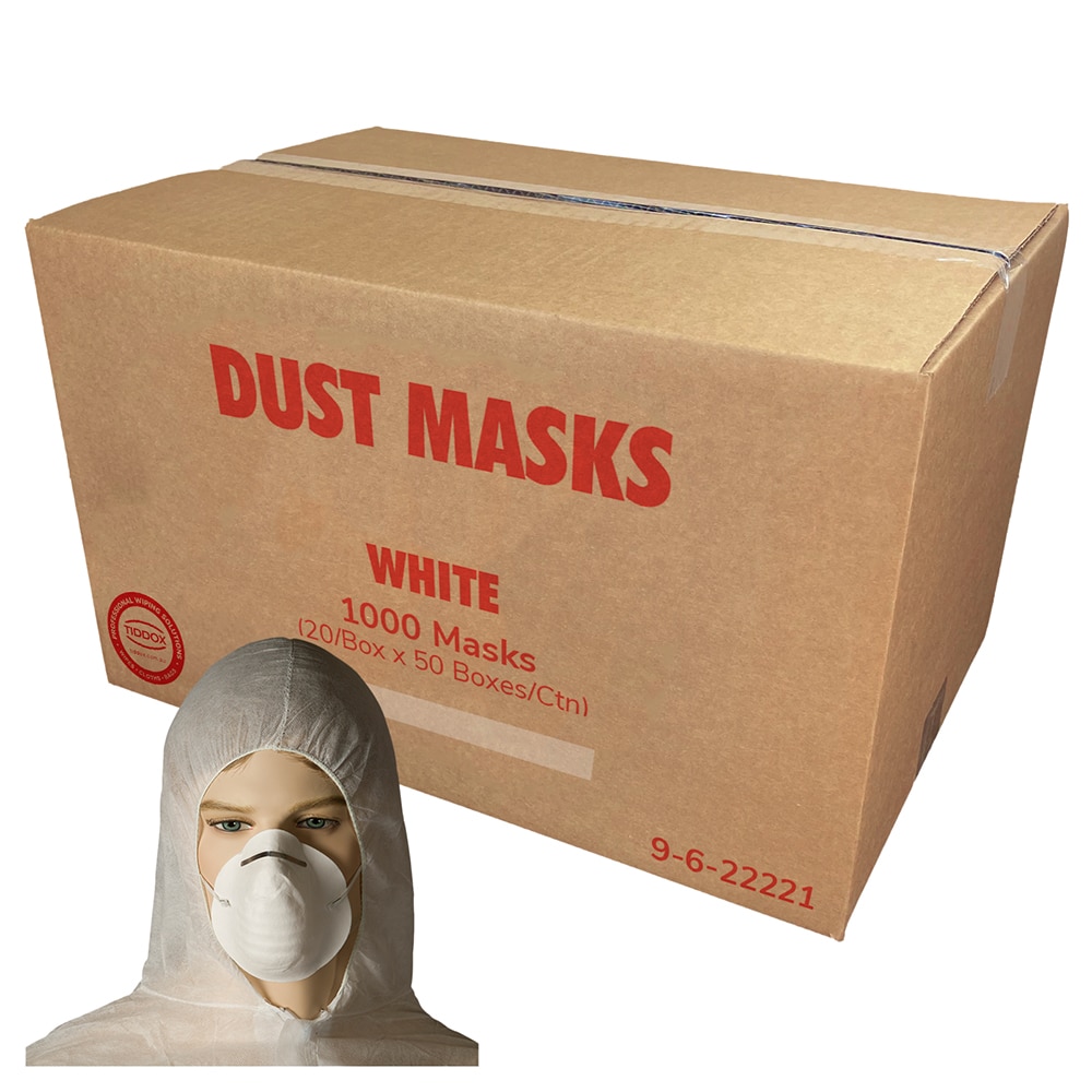 A mannequin head wearing dust masks with a cardboard box in the background with large red writing