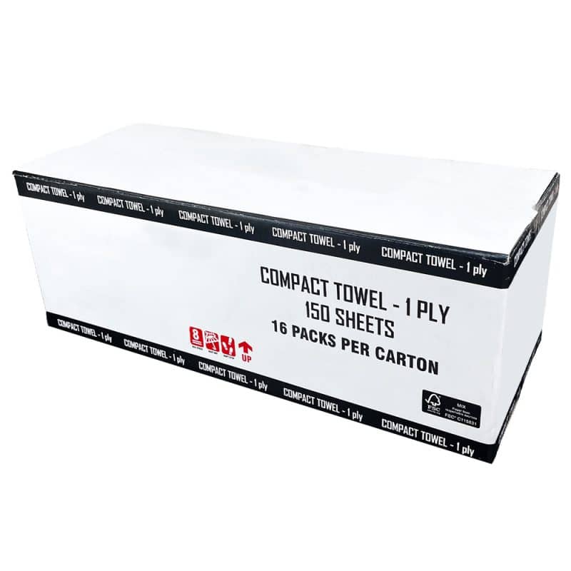 A box of 1ply compact hand towels neatly packaged in black and white box on a white background