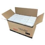 Open brown and black cardboard box with white hand towel inside