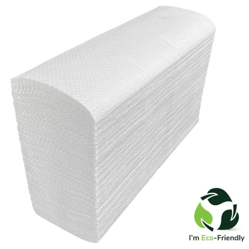 Narrow stack of white slimline hand towels on a white background