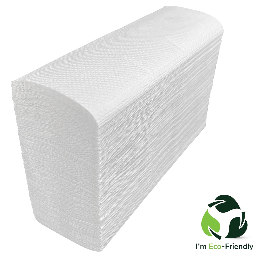 Narrow stack of white slimline hand towels on a white background