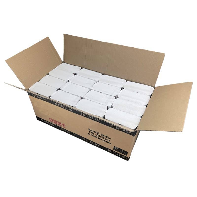 Opened brown and black box with white stacks of hand towels on a plain whitebackground
