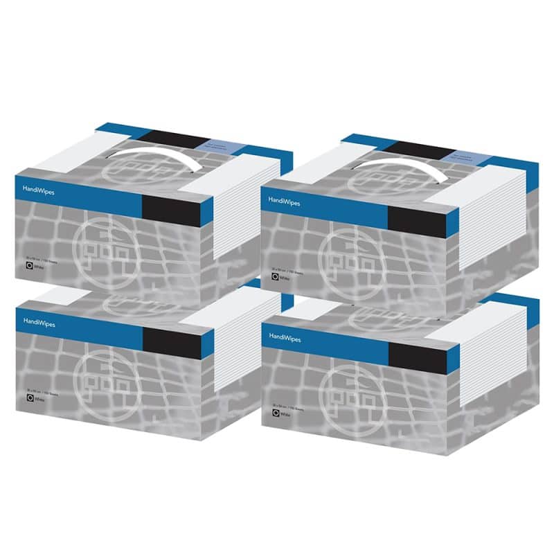 Four stacked grey and blue box with a white plastic handle