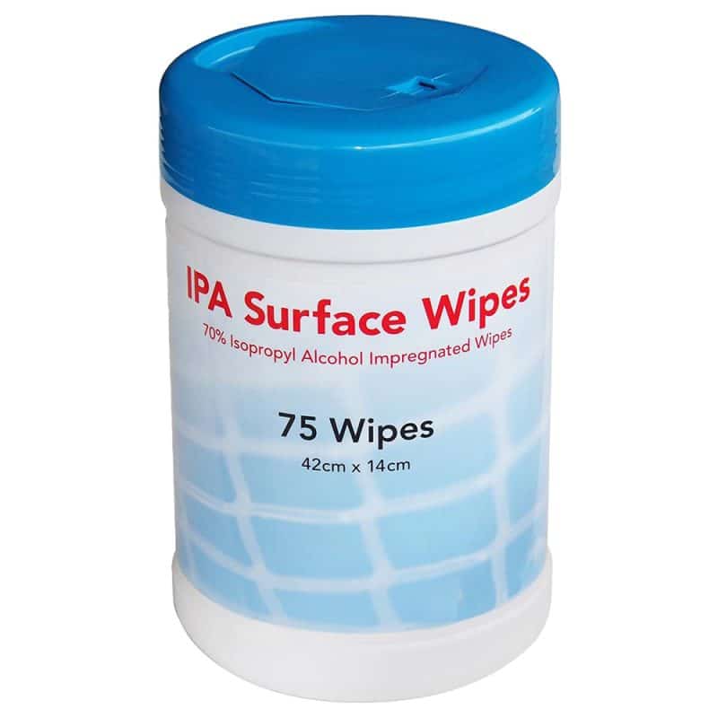 White canister of IPA Surface Wipes with a blue patterned label featuring red writing, topped with a blue cap.