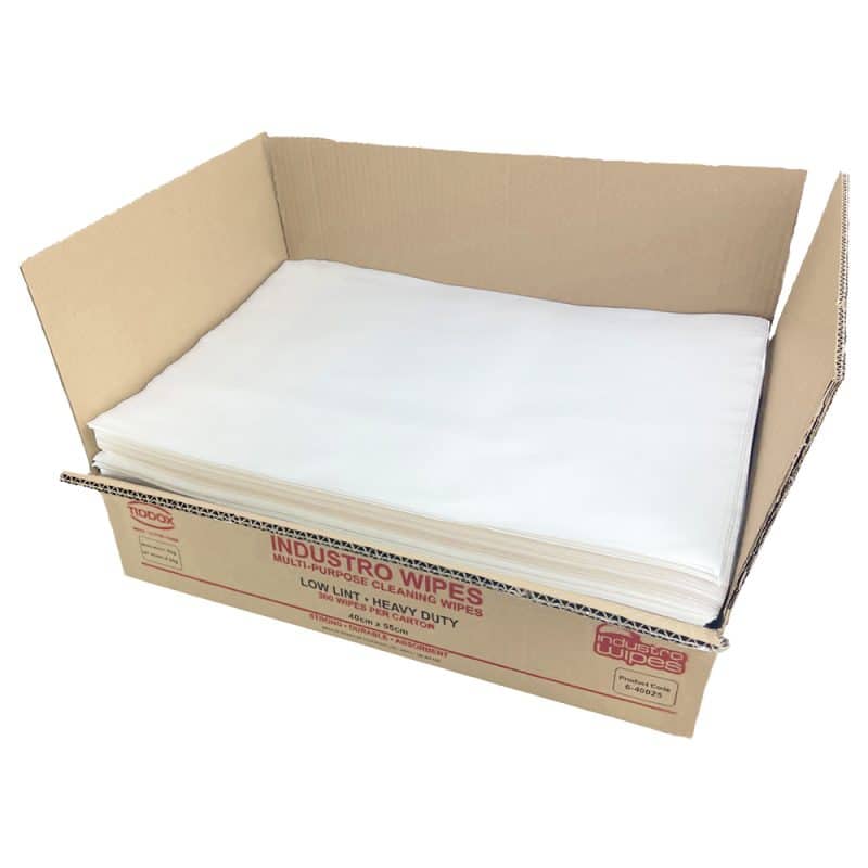 Unsealed box with visible red writing, revealing a stack of wipes inside.