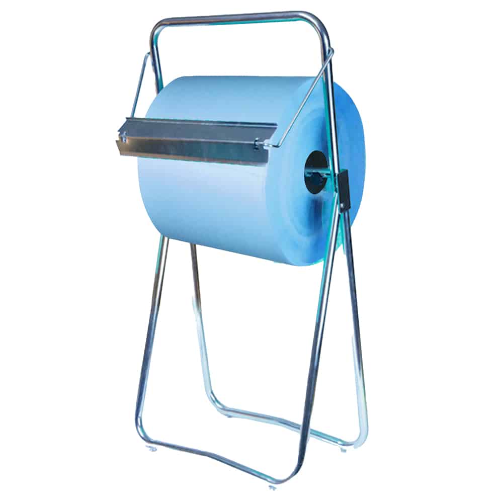 A metal paper roll dispenser with a blue jumbo paper towel roll