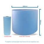 Blue jumbo paper towel roll with visible dimensions and competitor roll for comparison