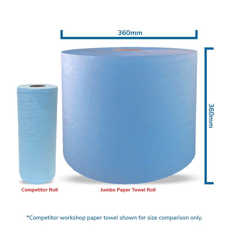 Blue jumbo paper towel roll with visible dimensions and competitor roll for comparison