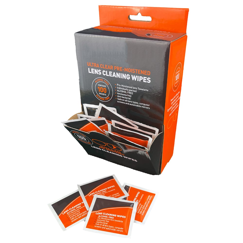 Open-front box with black and orange packaging containing mini lens cleaning wipes, set against a white background.