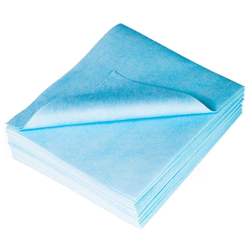 A stack of blue MicroMax no lint cloths, with the top wipe corner curved upward, neatly piled up together.