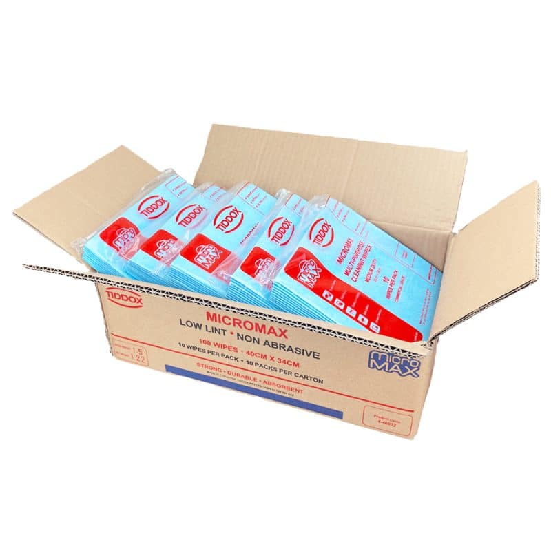 Open Carton box of filled with slanted blue Micromax wipes