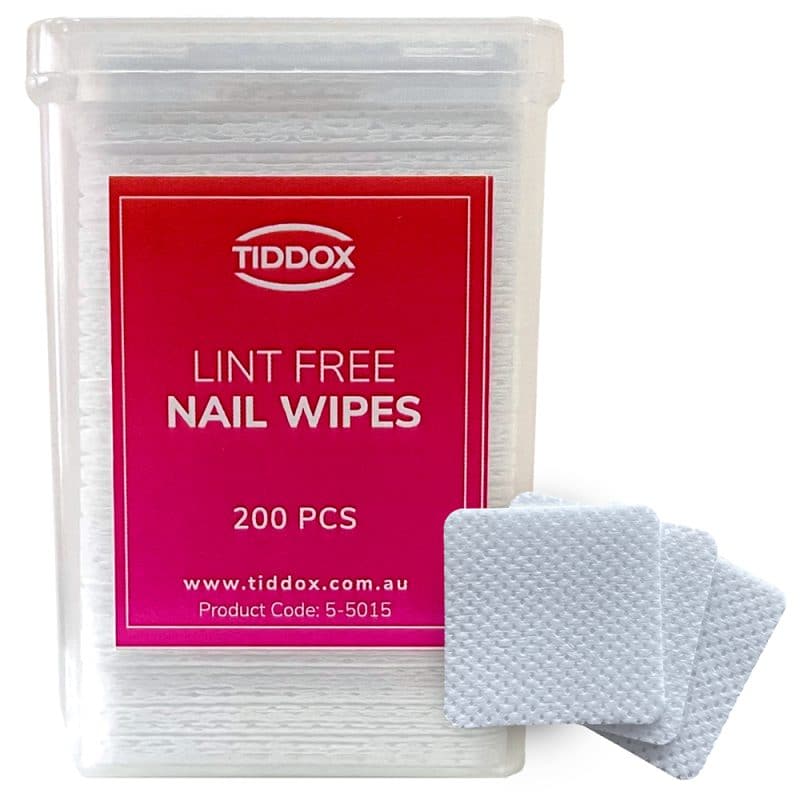 a clear container of TIDDOX nail polisher removal wipes with a reddish label with three nail polish remover wipes on the right-side