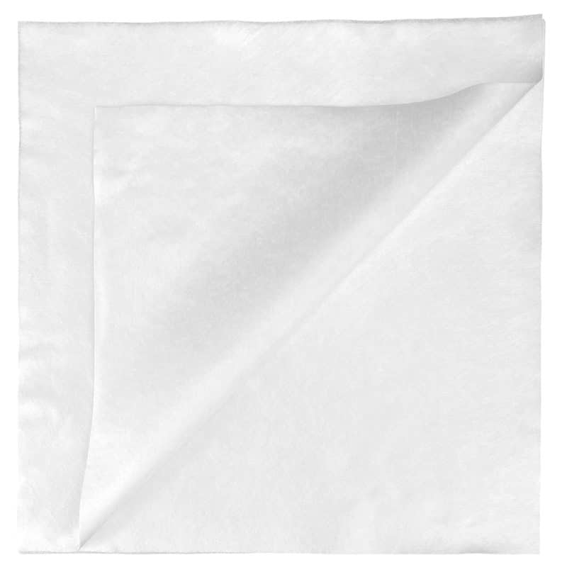 Top view of a white non abrasive wipes ("LintNIL wipes") stack with the top wipe folded over to the left
