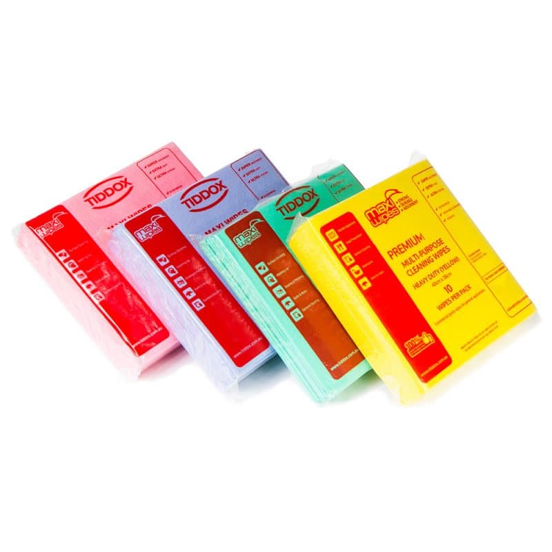 Four colorful Maxi Wipes sponge cloths: blue, green, yellow, and red, arranged neatly in a set.