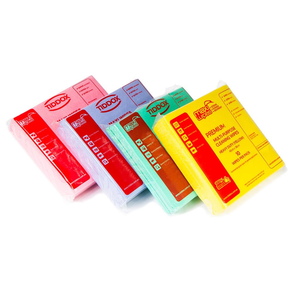 Four colorful Maxi Wipes sponge cloths: blue, green, yellow, and red, arranged neatly in a set.