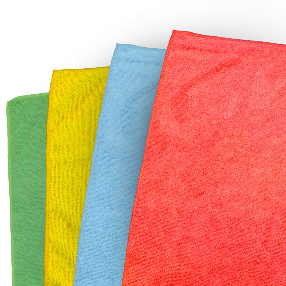 A set of four TIDDOX microfibre cleaning cloths, each in a different color, on a white backdrop