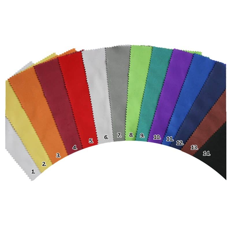 Multi colored lens cloths fanned out on a white background