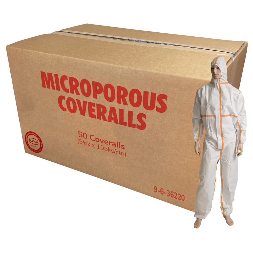 Mannequin in White with yellow stripped microporous coveralls , with a cardboard box in proportion behind it with bold red writing