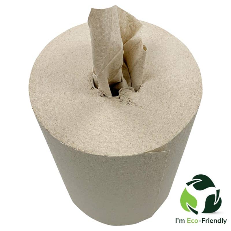 A roll of Nu Cloth Paper Towels with a beige wiper towel protruding from the middle.