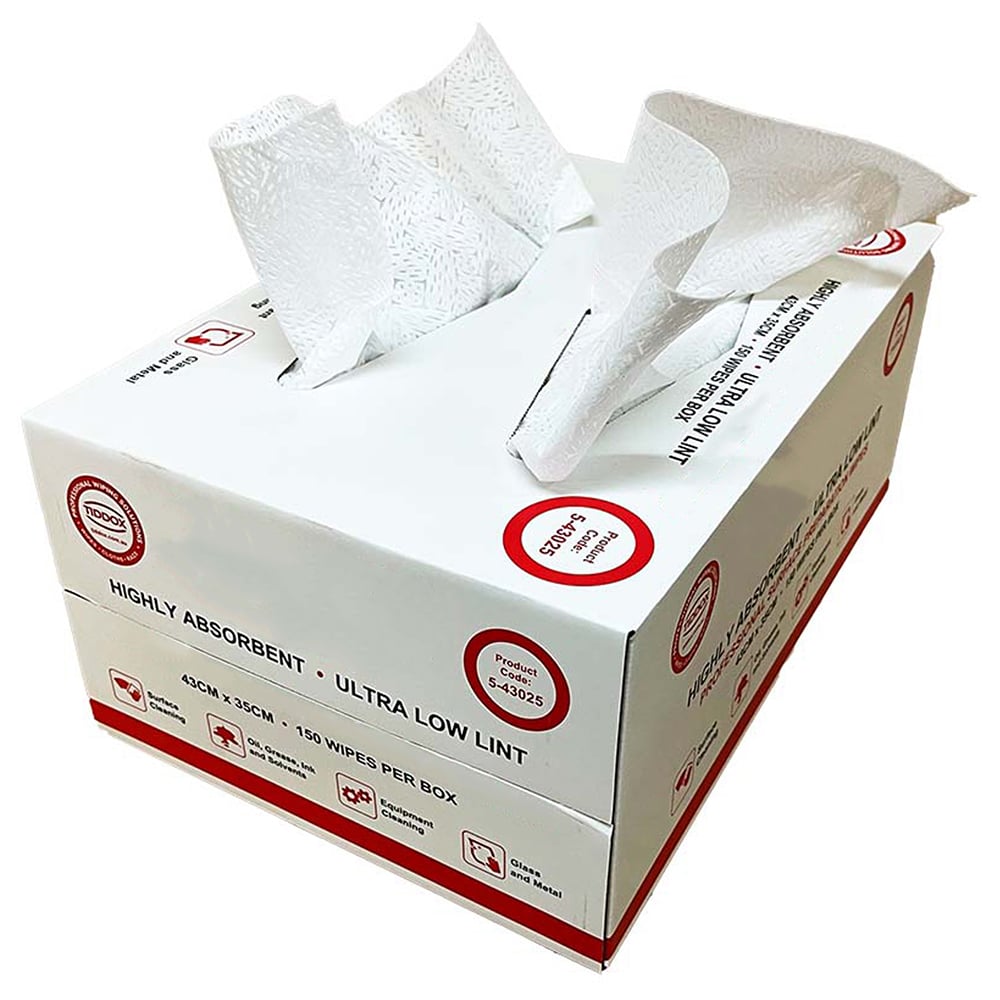 White carry-sized box of disposable oil absorbing sheets with red and black writing and two sheets sticking out the top