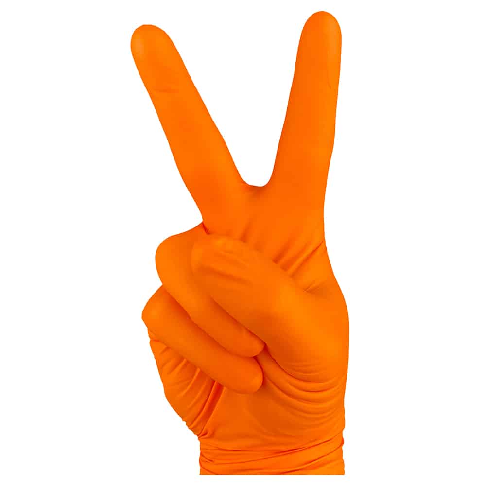 A hand showing peace sign in orange heavy duty nitrile gloves