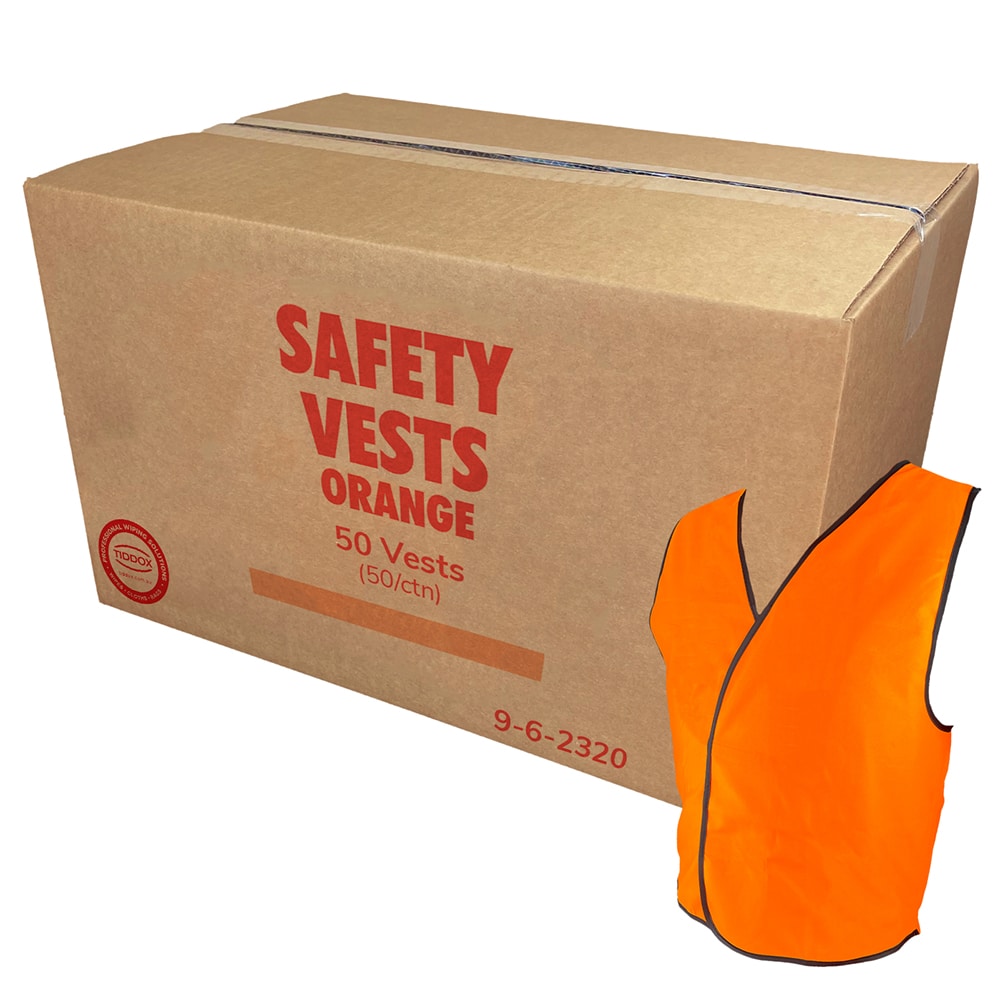 Bright orange safety vests placed beside a cardboard box with bold red text.