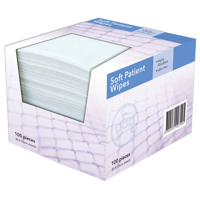 Dispenser box of soft patient wipes on a white background