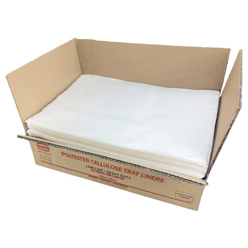 A cardboard box with white sheets neatly piled inside, revealing its contents against a white backdrop.