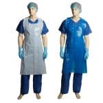 Two mannequins next each other wearing Polyethylene Apron one in blue and the other in white , on a white background