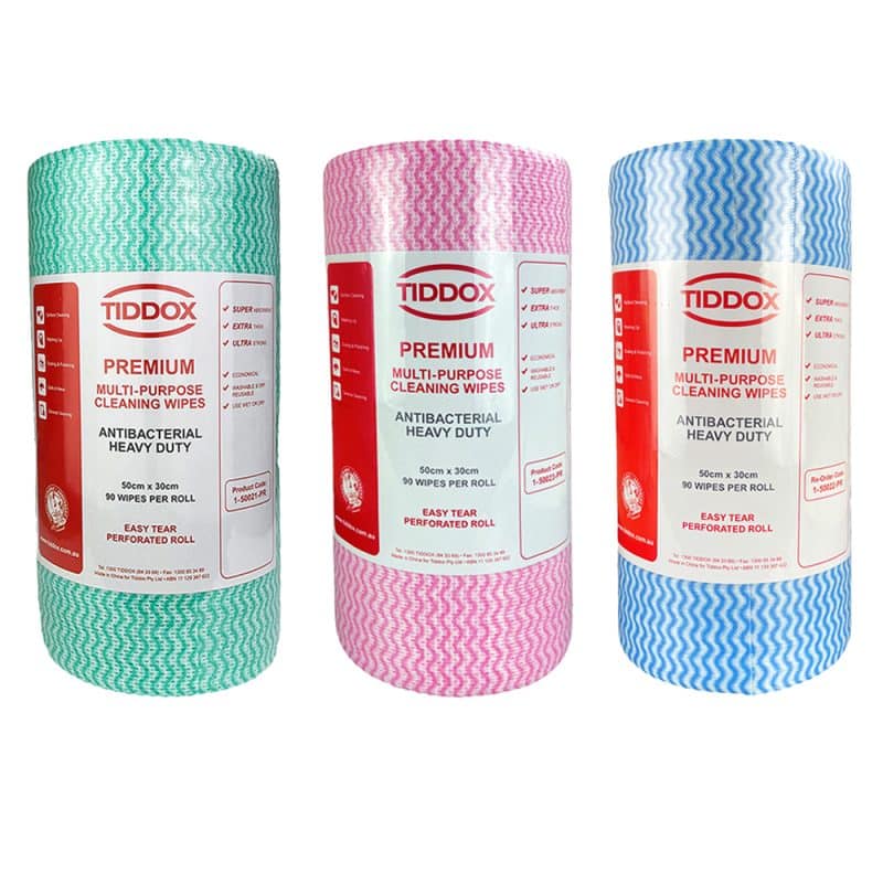 A trio of TIDDOX heavy duty wipes in vibrant blue, pink, and green