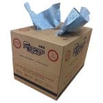 Brown carry-sized dispenser box of blue Proprep Wipes with two wipes sticking out the top