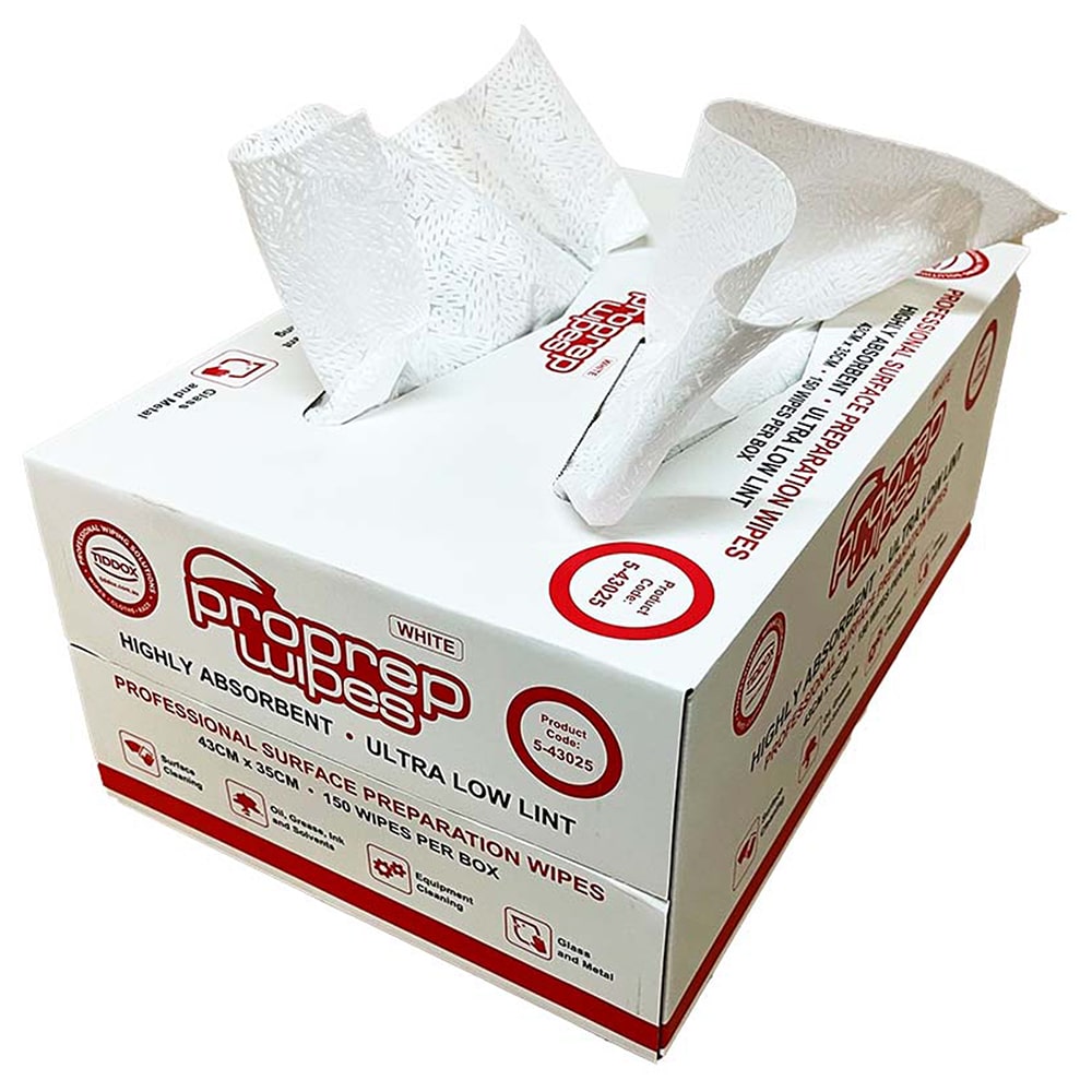 White carry-sized box of disposable White Proprep Wipes with red and black writing and two sheets sticking out the top on a plain background