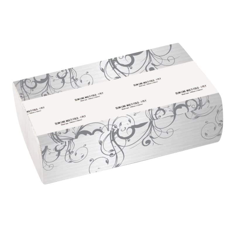 Black and grey patterned package of hand towels